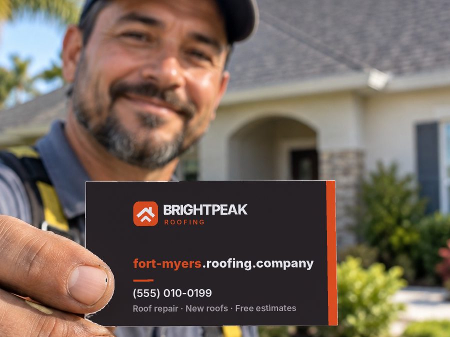 fort-myers.roofing.company on a roofer's business card