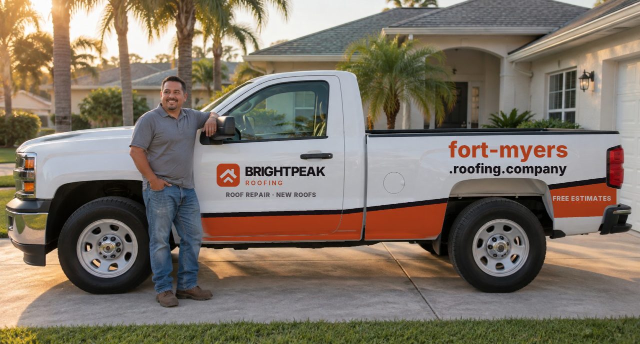 fort-myers.roofing.company painted on the side of a white work truck