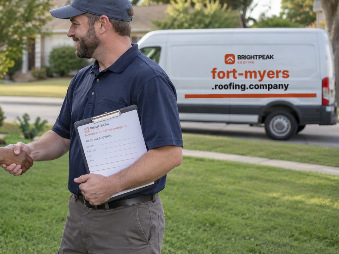 fort-myers.roofing.company on a roofing van and an inspection form
